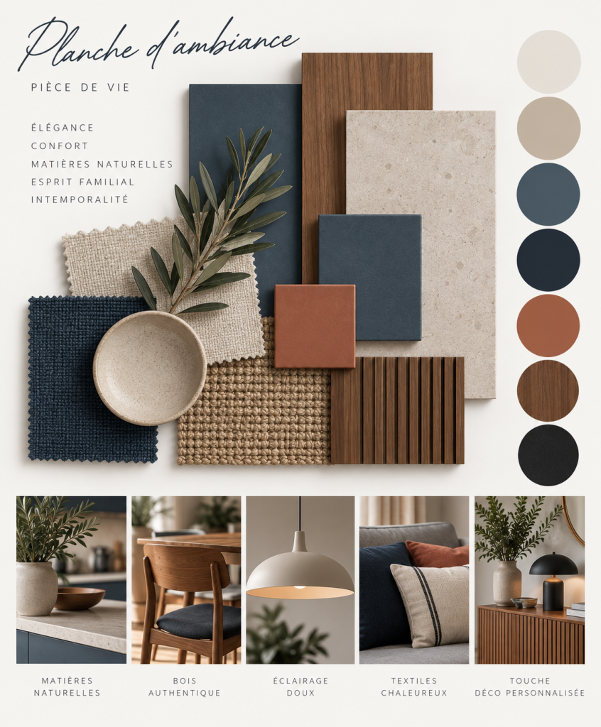 Planche d’ambiance aux tons bleu nuit, bleu grisé, écru et terracotta, associant bois chaud, pierre et textiles naturels.