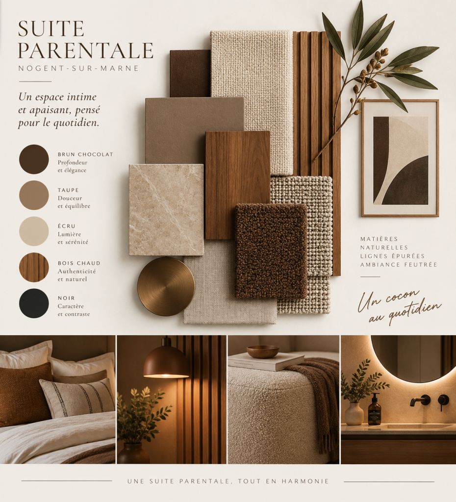 Planche d’ambiance de suite parentale aux tons chocolat, taupe et écru, associant bois chaud, textiles naturels et touches de noir.