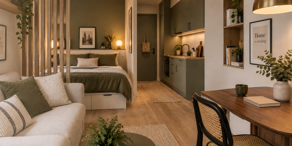 Studio parisien optimisé avec espace nuit, salon et cuisine dans des tons kaki et naturels