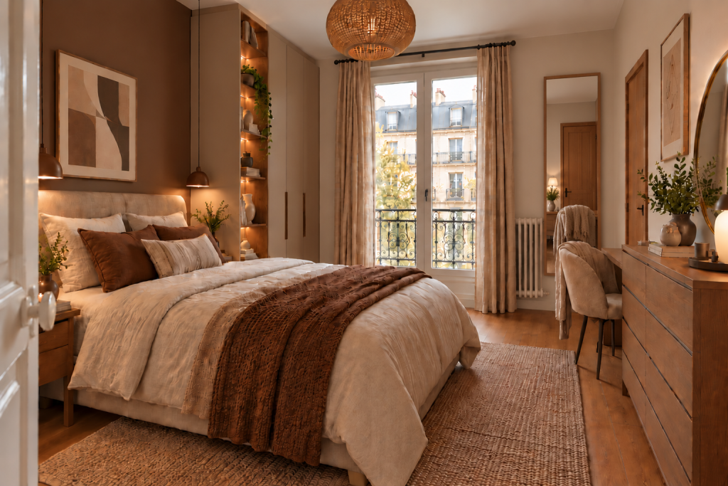 Chambre parentale réaménagée avec rangements sur mesure, tête de lit et décoration chaleureuse aux tons naturels.