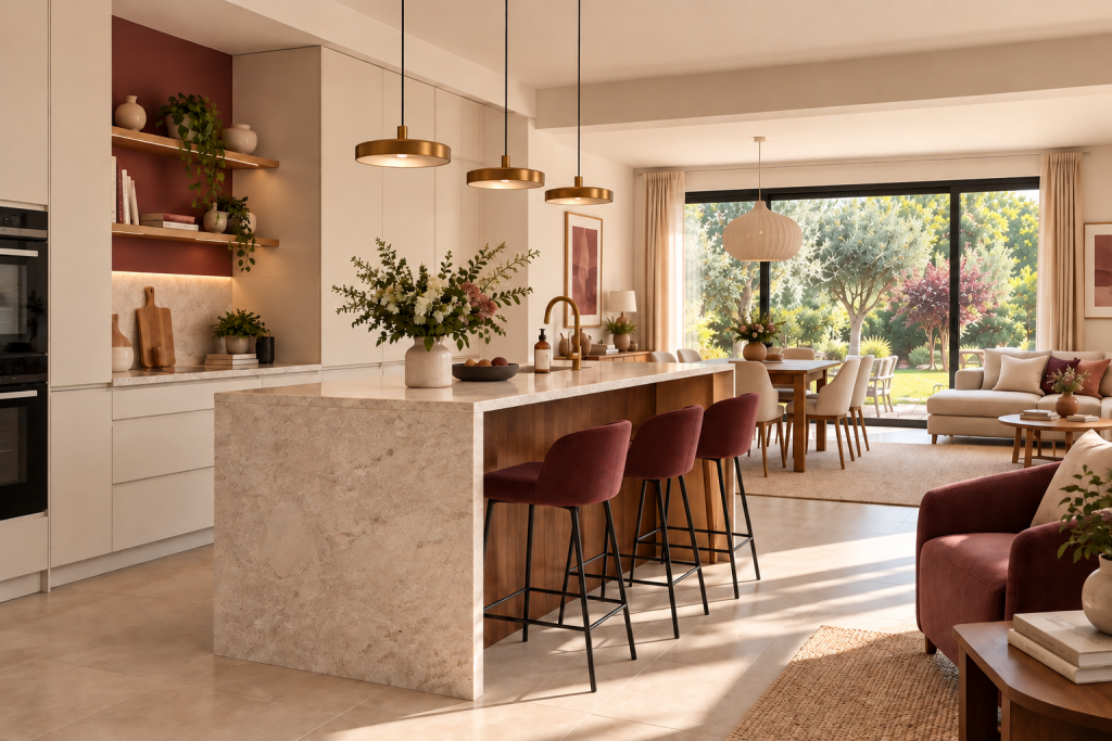 Pièce de vie lumineuse avec cuisine ouverte, îlot central et décoration aux tons bordeaux et beige