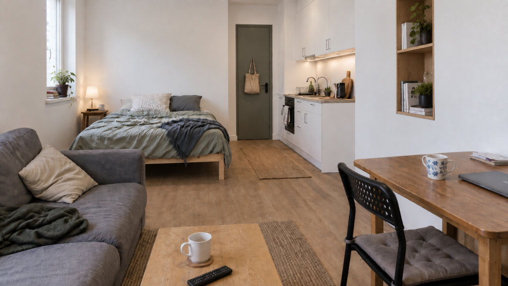 Avant rénovation : studio peu optimisé avec mobilier dépareillé et cuisine blanche