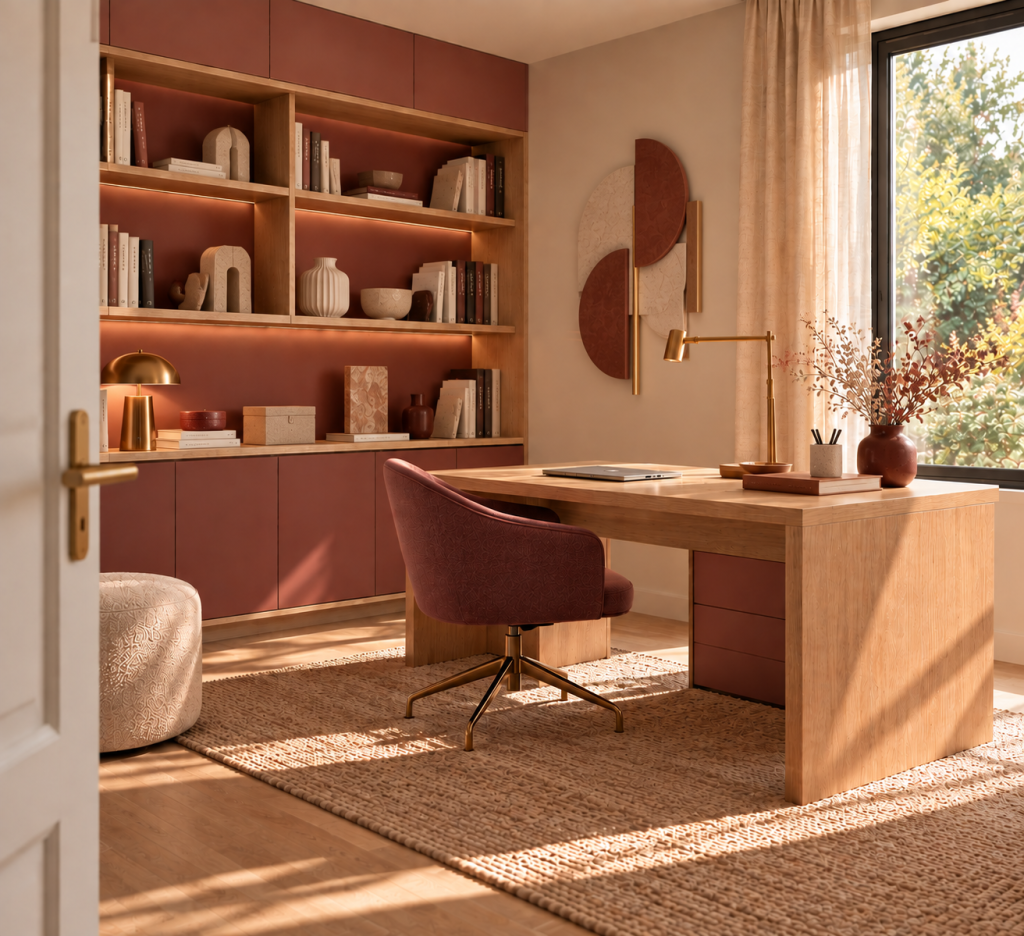 Bureau avec bibliothèque sur mesure, mobilier en bois clair et décoration bordeaux
