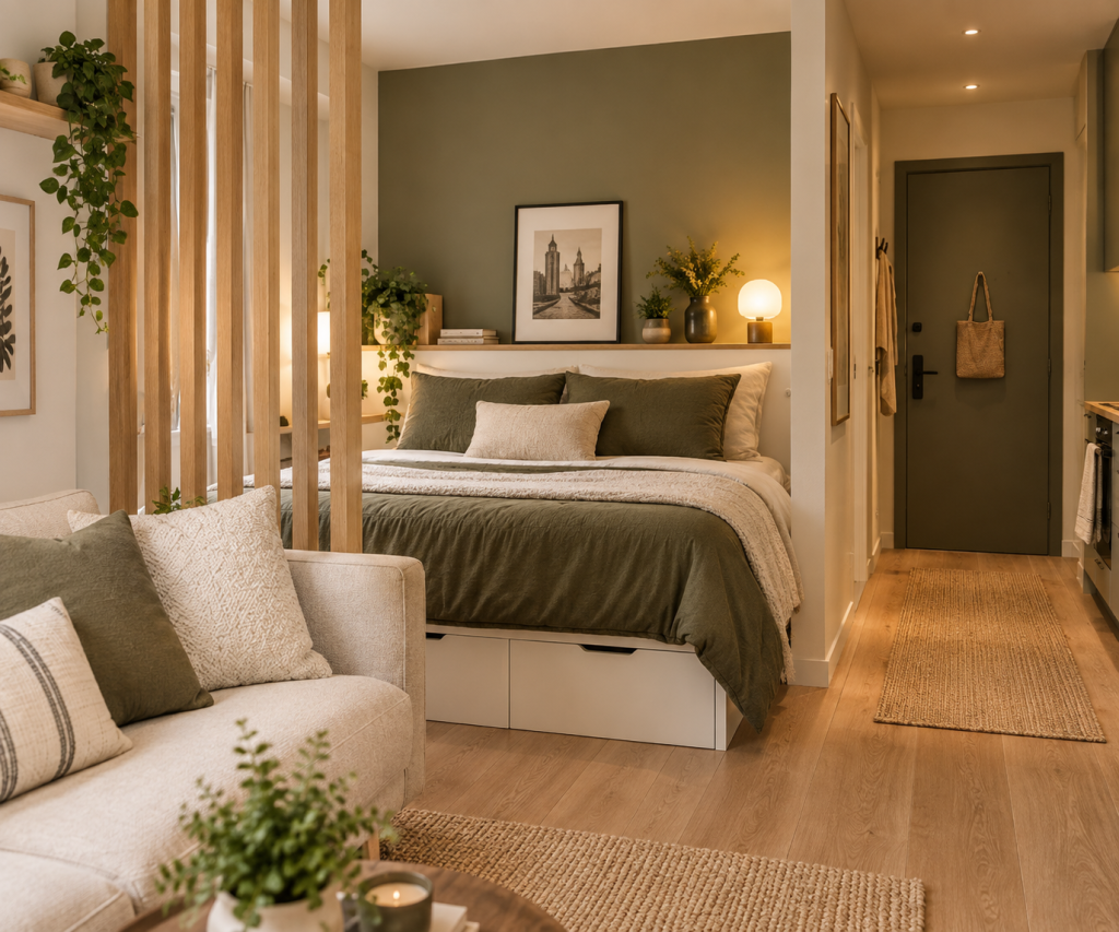 Coin nuit optimisé avec lit à rangements intégrés, claustra en bois et décoration aux tons vert olive et beige.