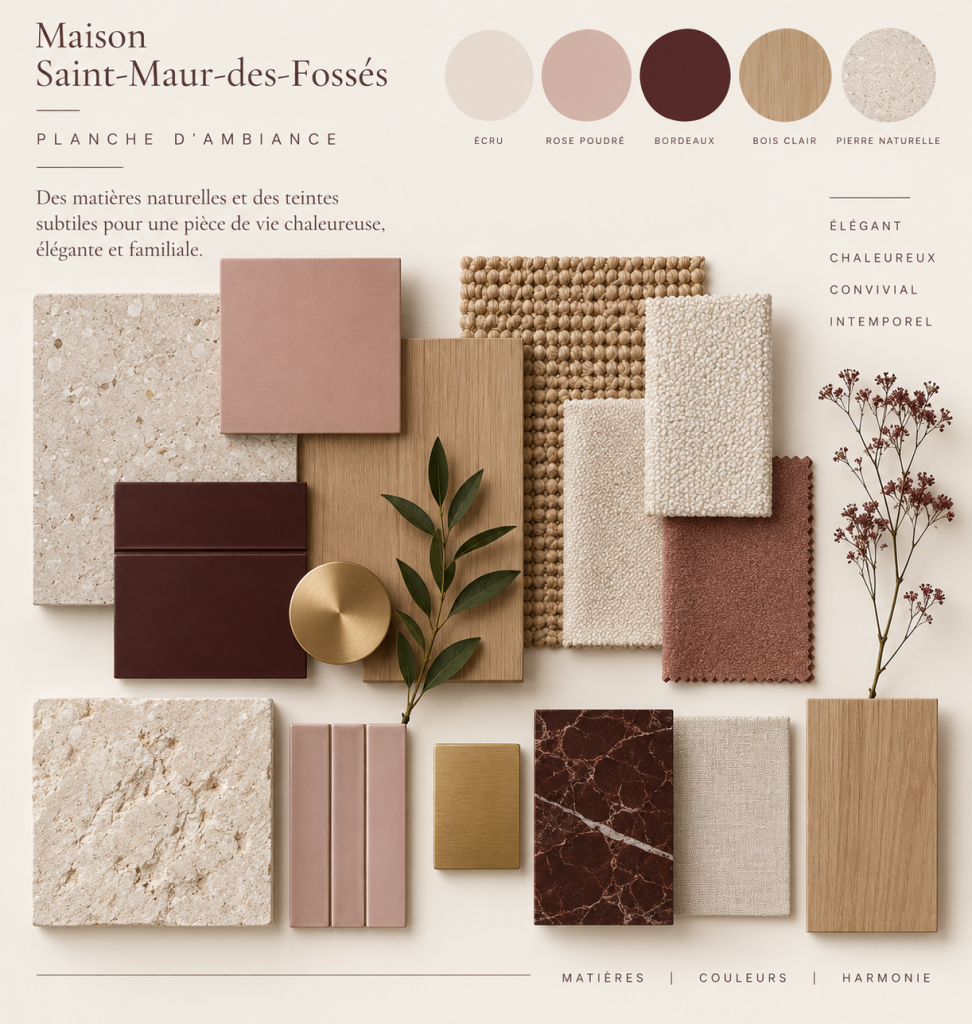 Planche d’ambiance bordeaux, rose poudré et beige associant bois clair, pierre et matières naturelles