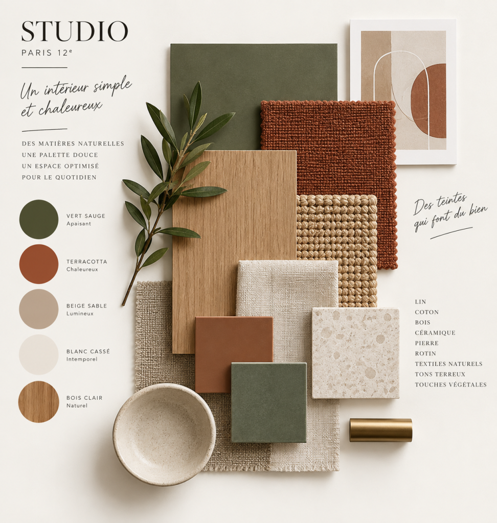 Planche d’ambiance aux tons vert sauge, terracotta, beige et bois clair, avec matières naturelles